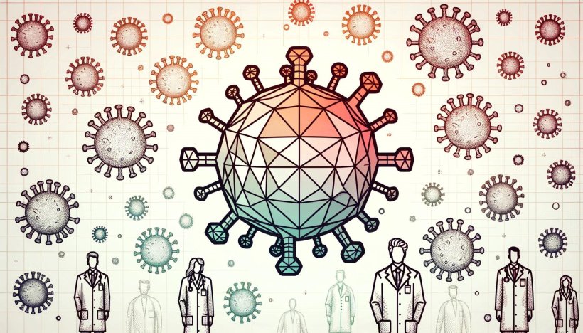 ai-generated image of virus blueprint, with silhouettes of medical researchers...